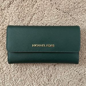 Michael Kors Forest Green and Gold Trifold Wallet